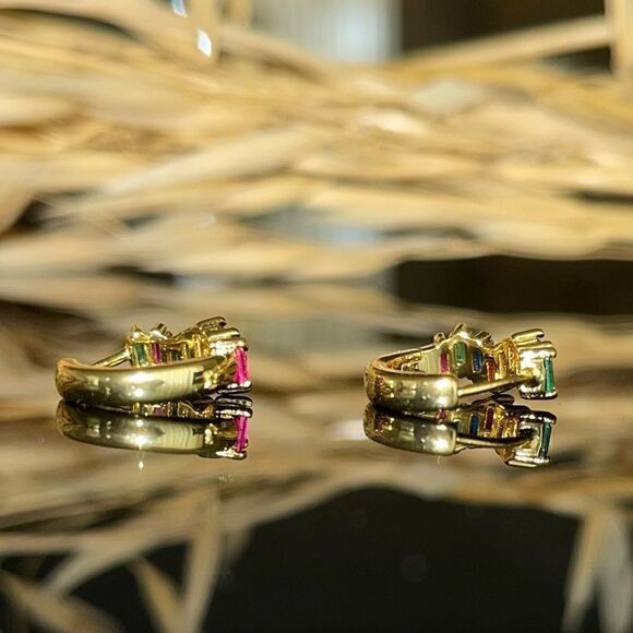 Gold Plated Baguette Huggie Hoop Earrings Dainty Minimalistic Silver CZ gems - Picture 5 of 6